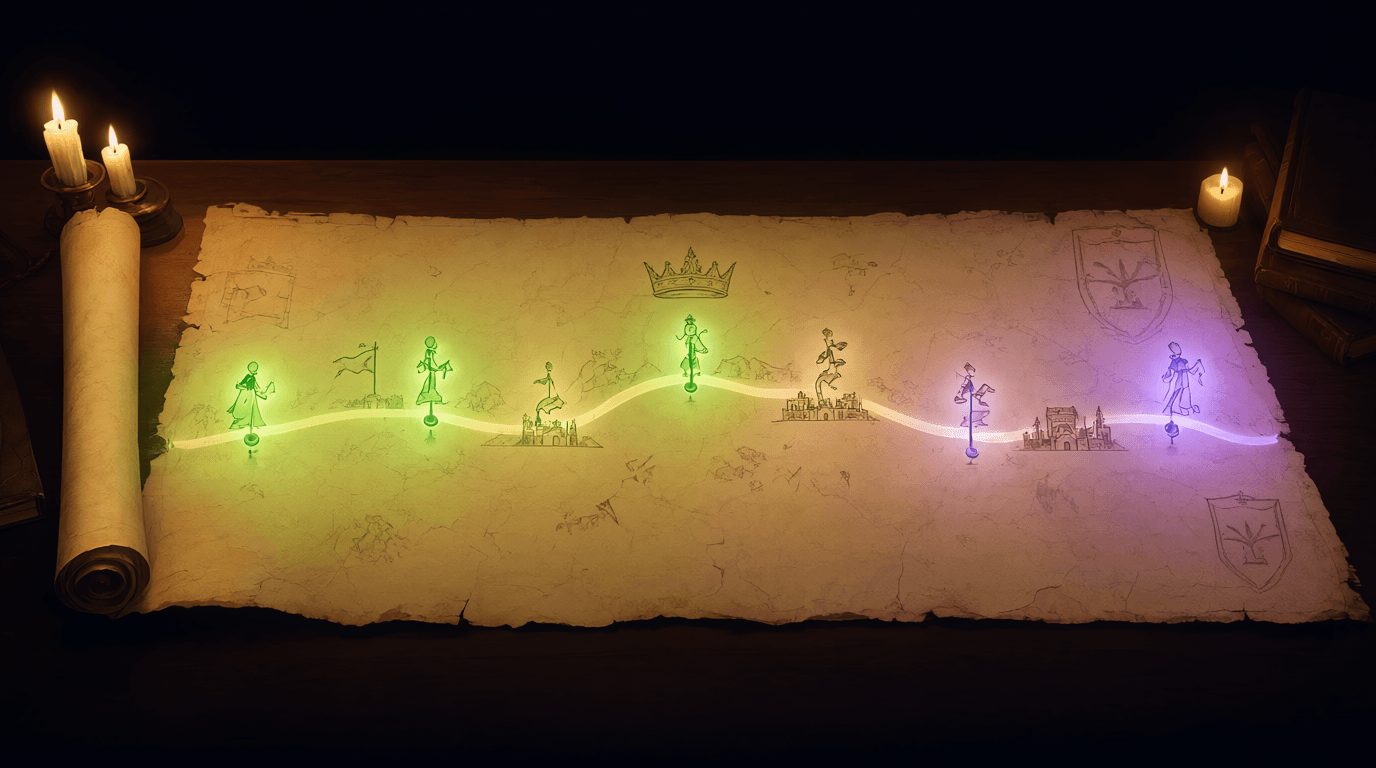 Timeline of crowns, banners, and maps winding through a set of headphones