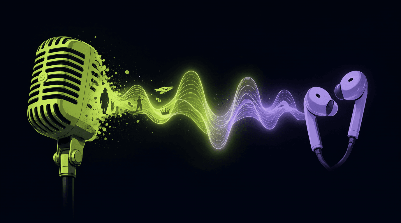 Illustration of headphones with sound waves forming a scene of actors, a city street, and a spaceship